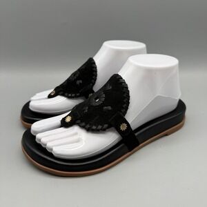 Jack Rogers Black Suede Whipstitched Rondelle Thong Sandals 6.5M 0123